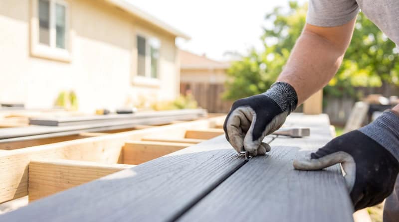 Worker installing composite decking with hidden fasteners